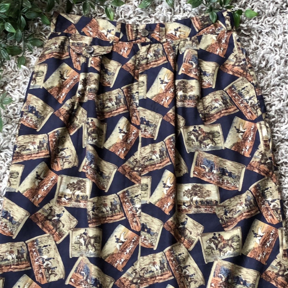 Vintage Navy Blue, Tan and Cream Graphic Print Skirt